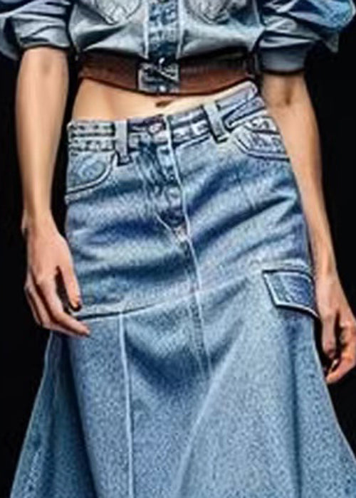 Blue Pockets High Waist Patchwork  Skirt Summer
