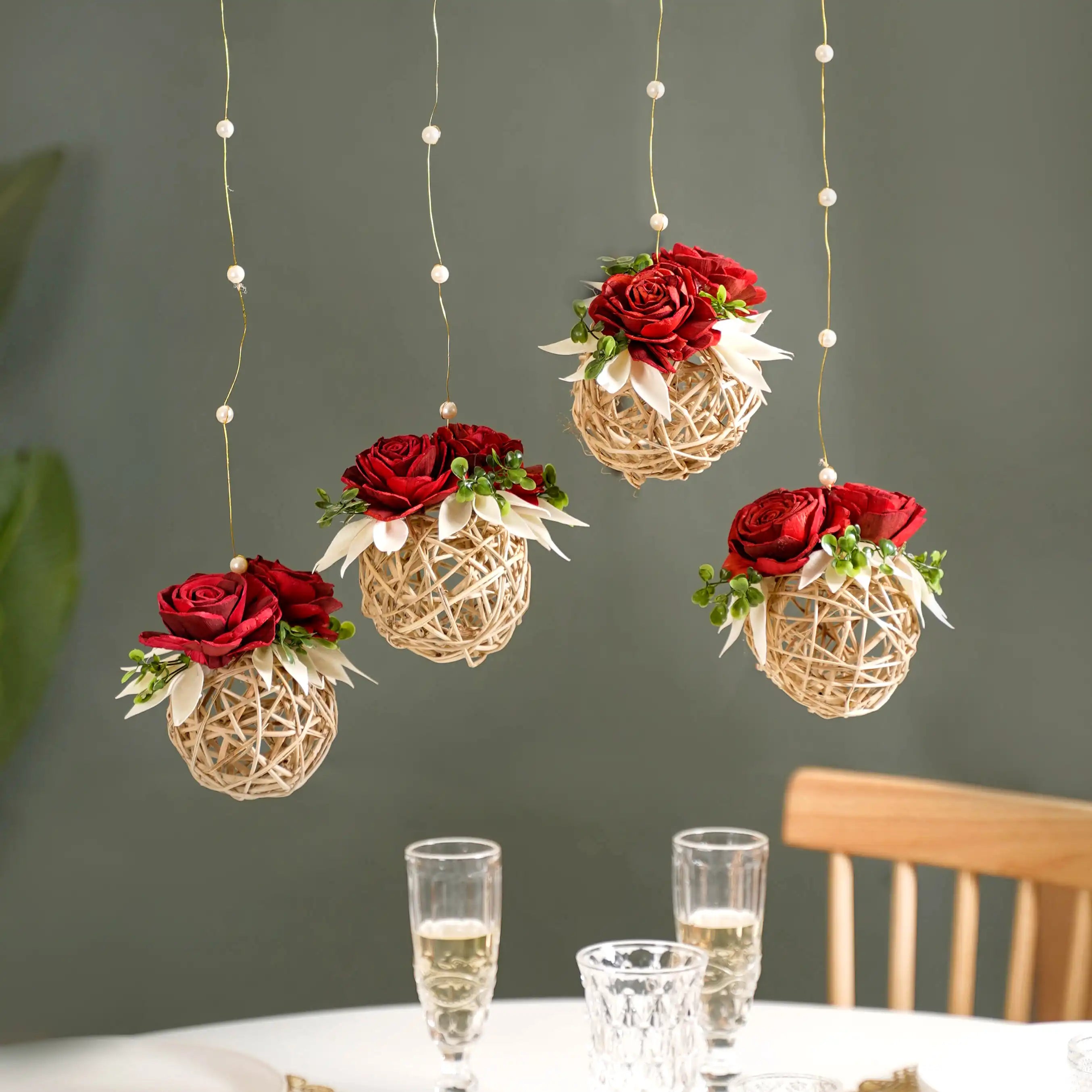 Natural Rose Rattan Hanging Decoration Sustainable Set Of 4