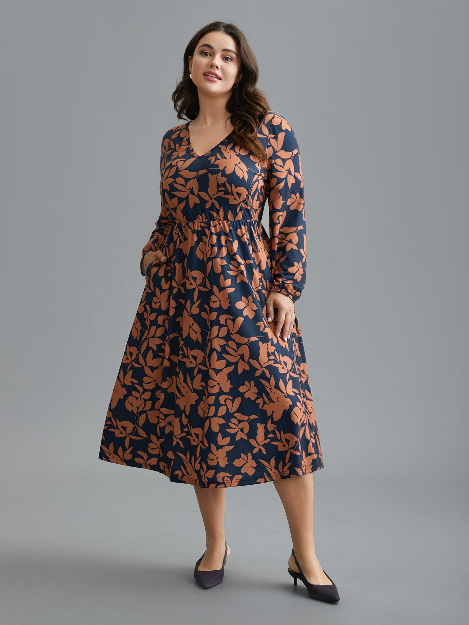 Autumn Leaves Print Fit-and-Flare Midi Dress