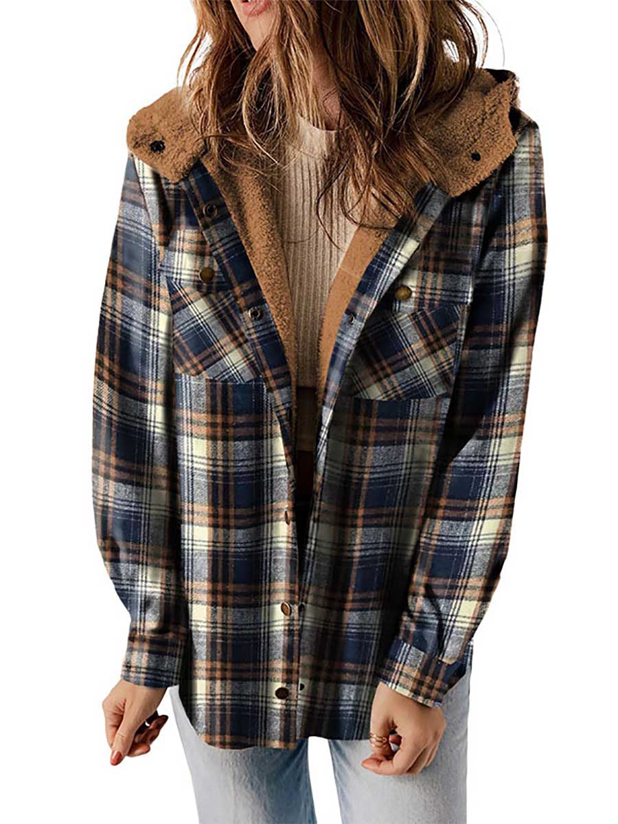 Plaid Long Sleeve Shirt Hooded Thickened Jacket
