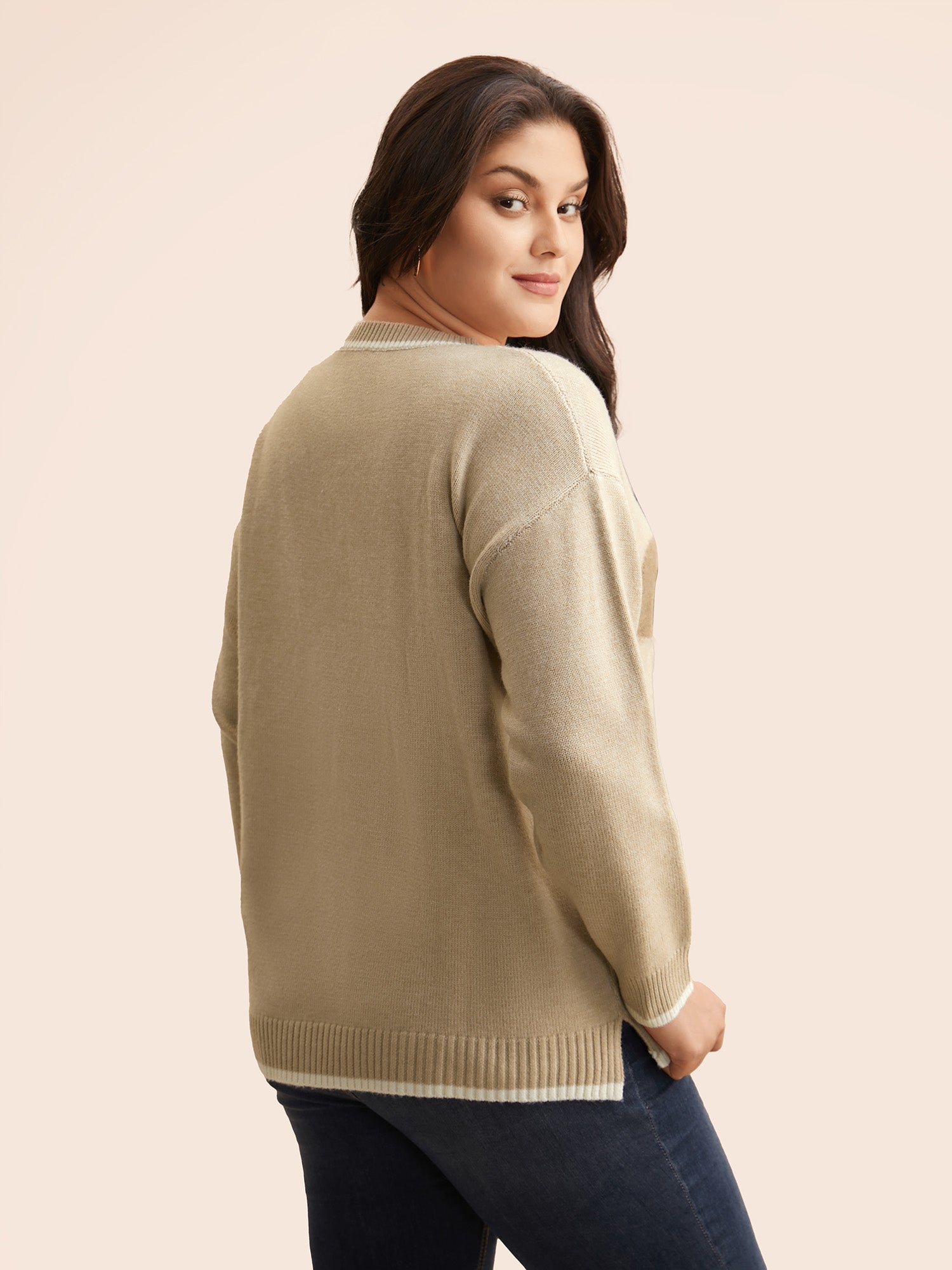 Floral Jacquard Contrast Trim Slit Hem Pullover