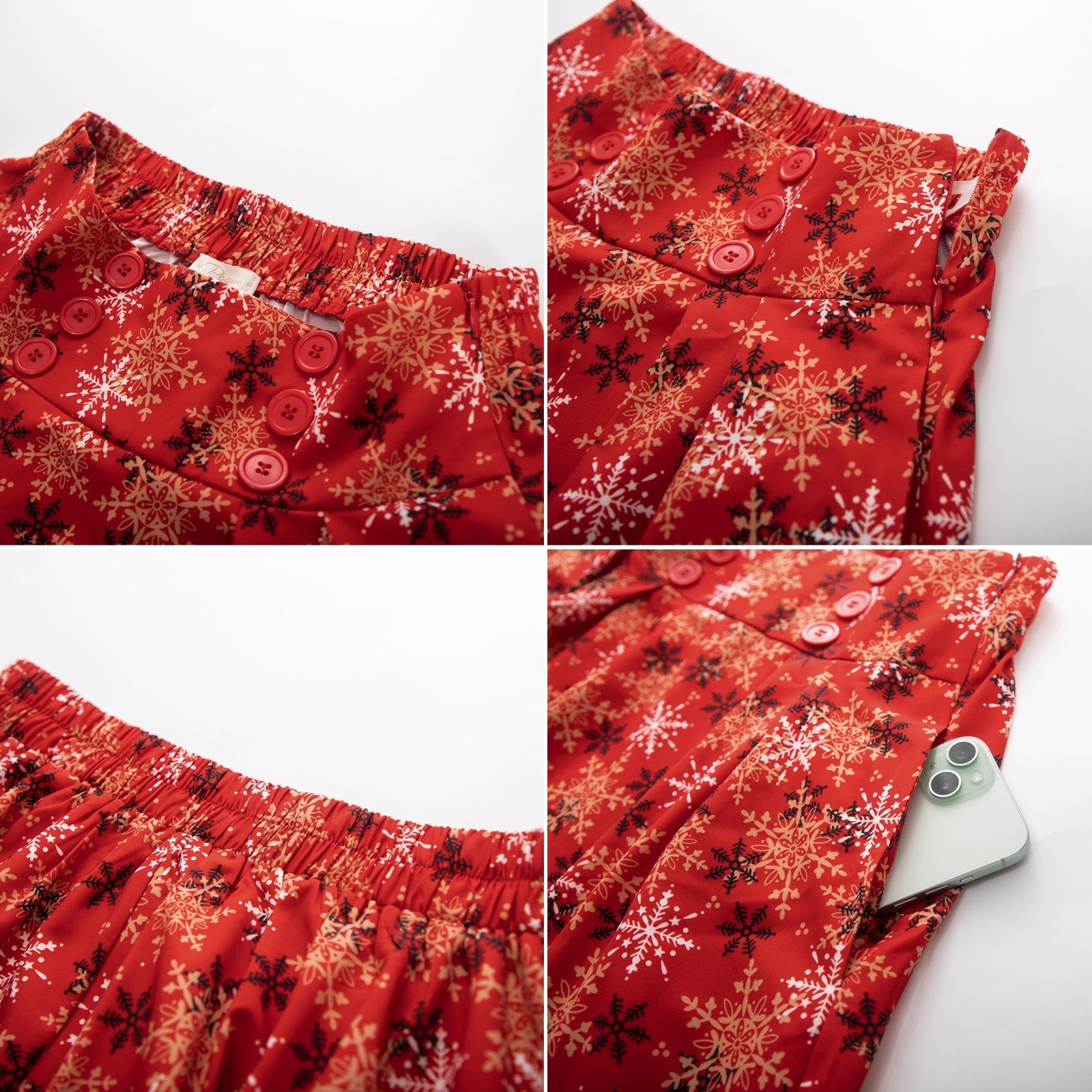 Strawberry Patterns Pleated Buttons Decorated Elastic Waist High Waist Swing A-Line Skirt with Pockets