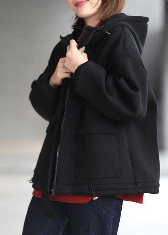 Organic Black Loose Zippered Pockets Fall Hoodie Coat Long Sleeve