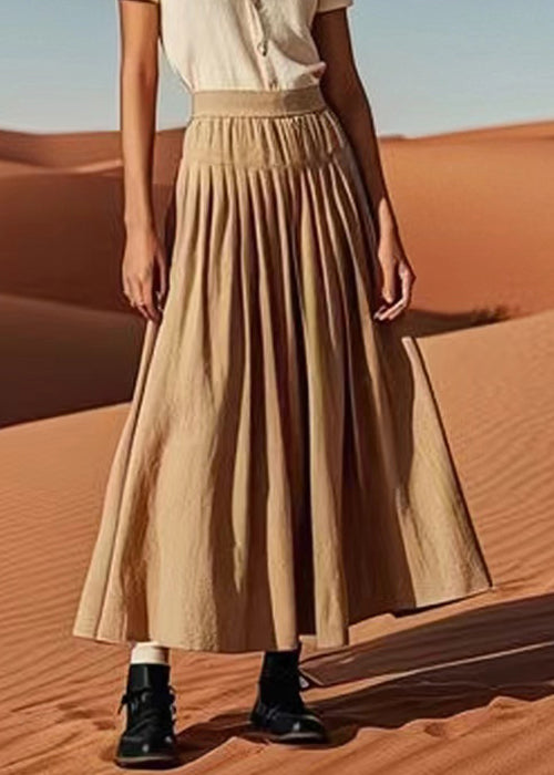 Khaki Wrinkled Elastic Waist Linen Skirt Summer