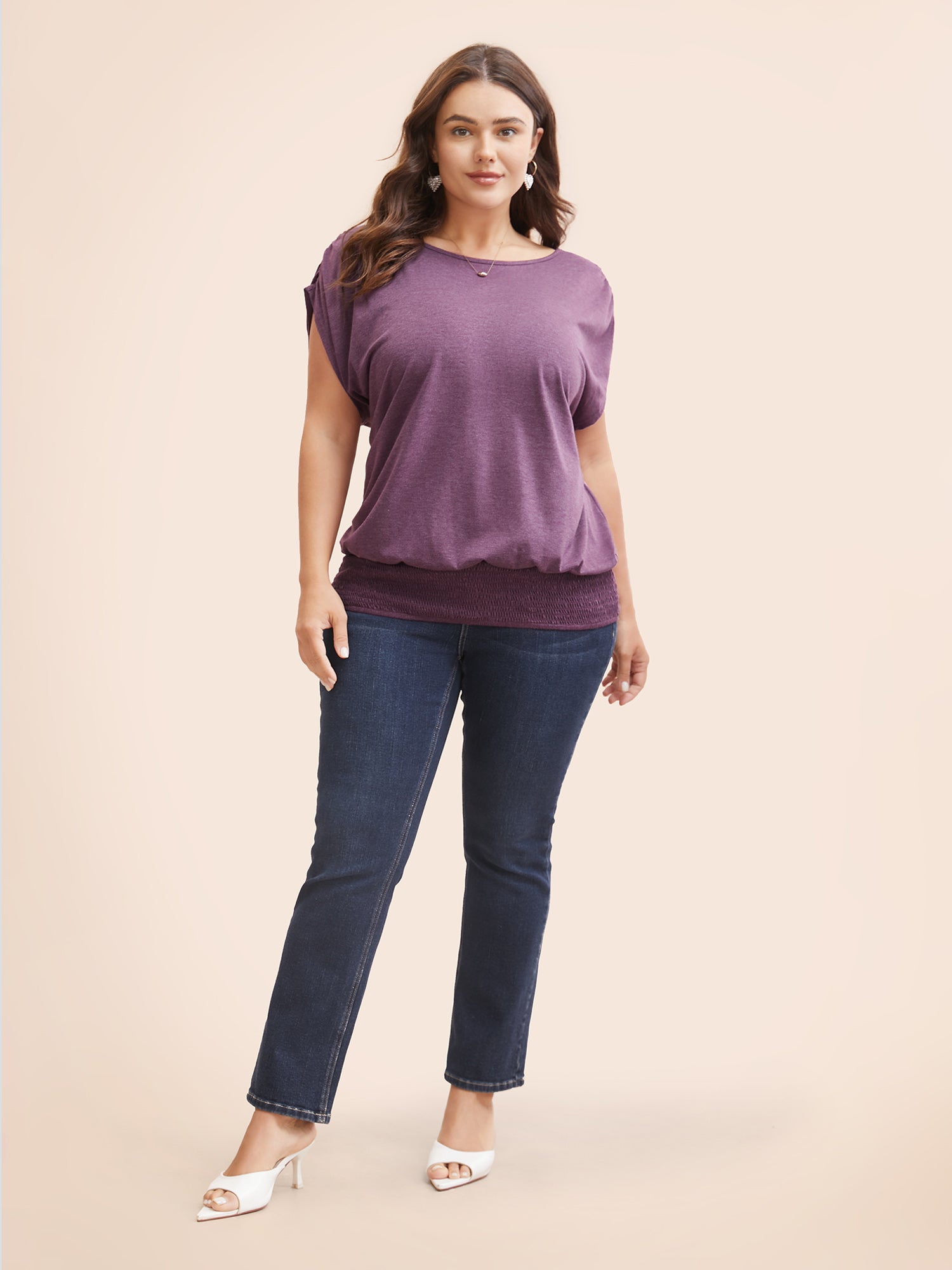 Solid Ruched Batwing Sleeve Shirred Hem T-shirt