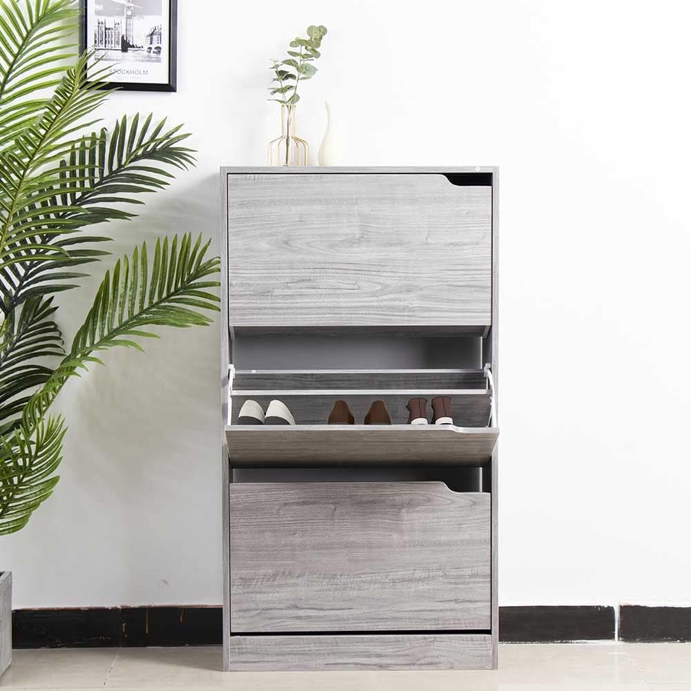 Wood Shoe Cabinet with 3 Doors, Shoe Cabinets, Retractable Handles, Double Depth, 63 x 24 x 115 cm