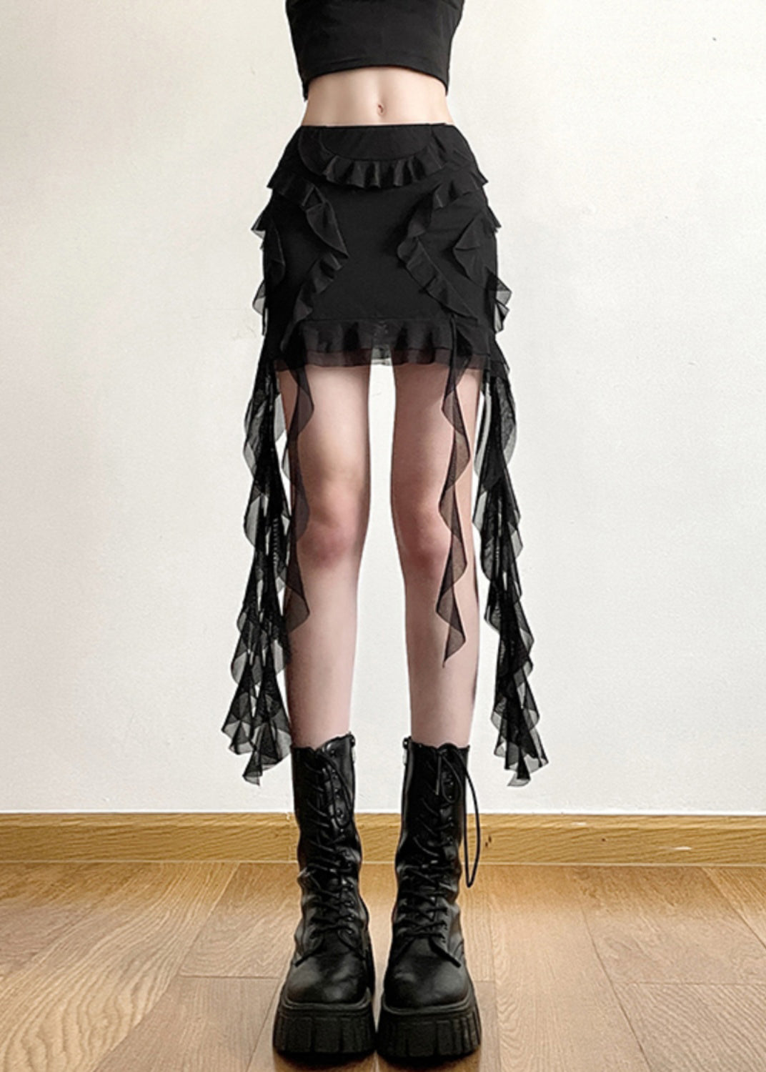 Beautiful Black Ruffled Patchwork High Waist Tulle Skirt Summer