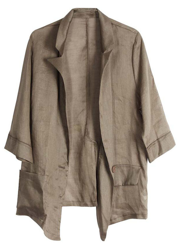 Casual Khaki Ramie Patchwork Button Coat