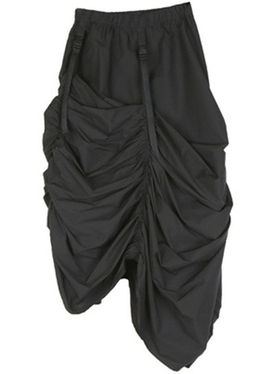 Black Elastic Waist Asymmetrical Design Wrinkled Fall Skirt