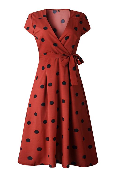 Dot Print V Neck Sleeveless Dress