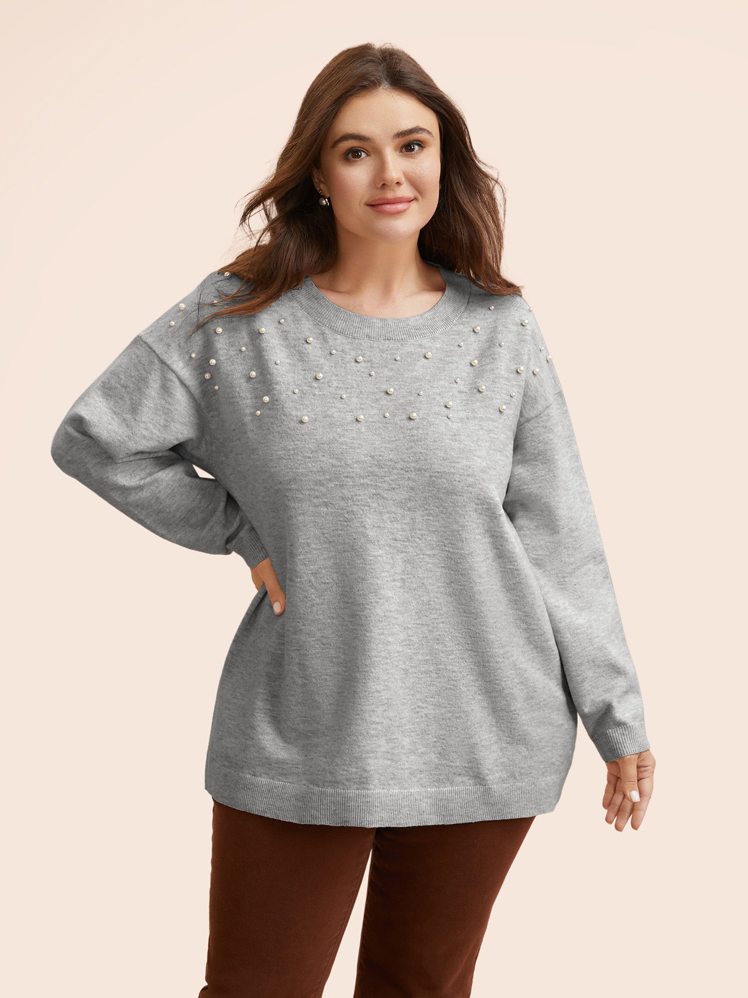 Round Neck Pearl Beaded Pullover