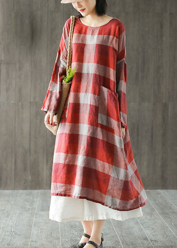 Red O-Neck Pockets Linen Fall Robe Dresses