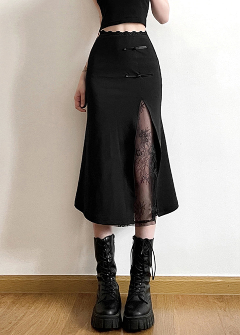 Chinese Style Black Lace Patchwor High Waist Skirt