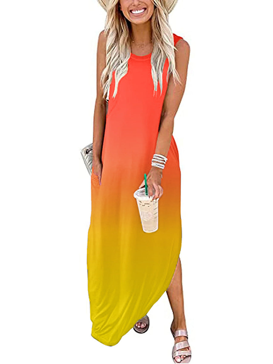 Round Neck Sleeveless Gradient Color Dress