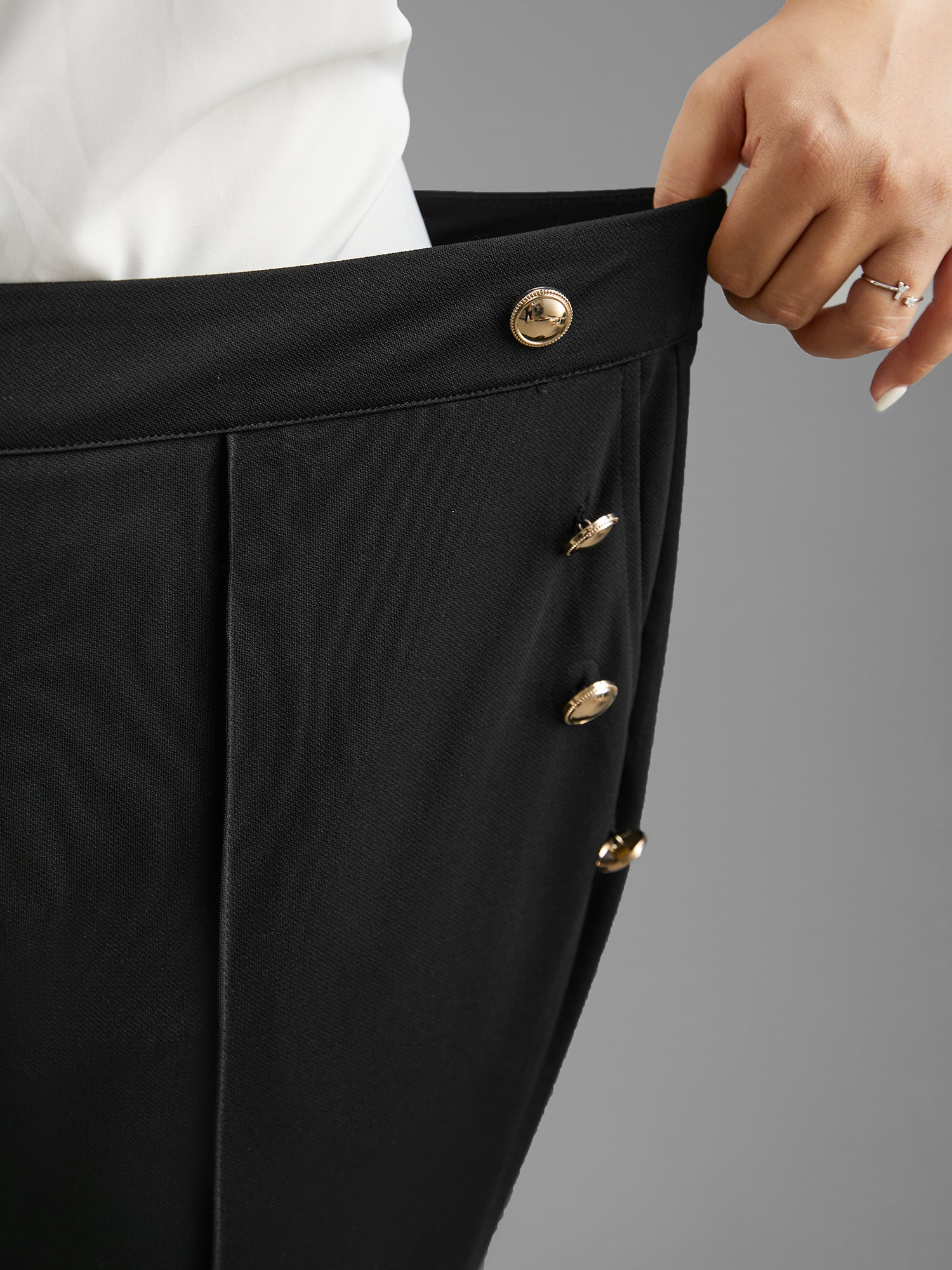 Stretchy Woven Button Detail Bootcut Pants