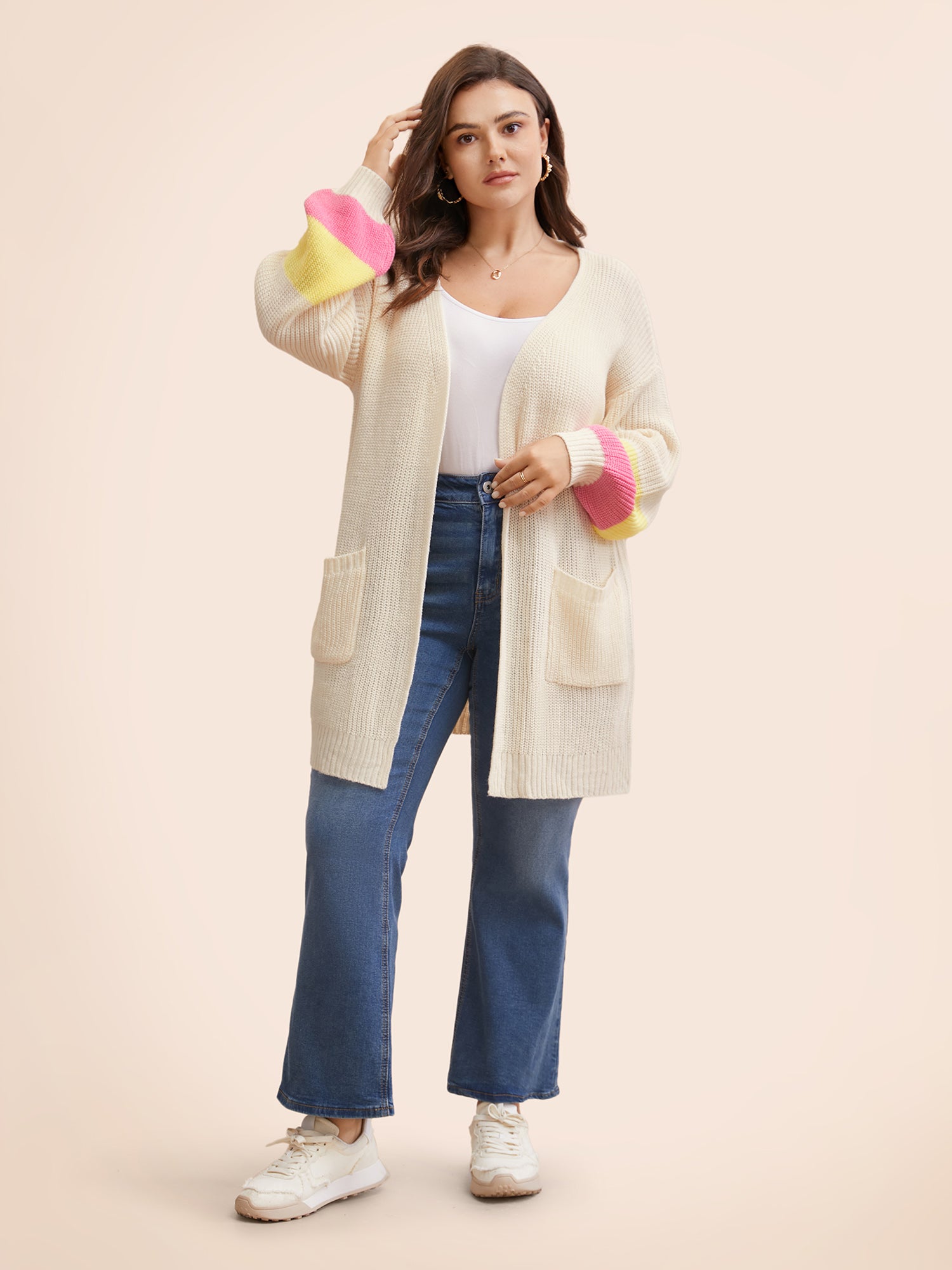 Colorblock Contrast Lantern Sleeve Pocket Cardigan