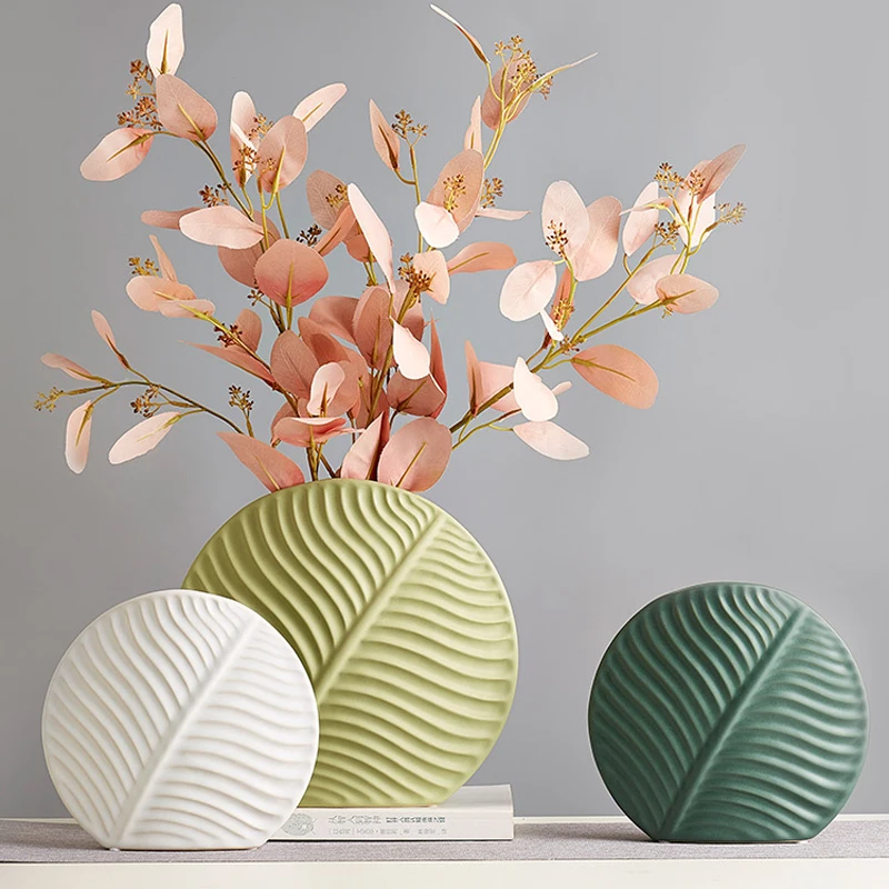 Ceramic Leaf Vase Living Room Decorations Flower Arrangement Vase Desktop Creativity Green Leaves Floral Ornaments