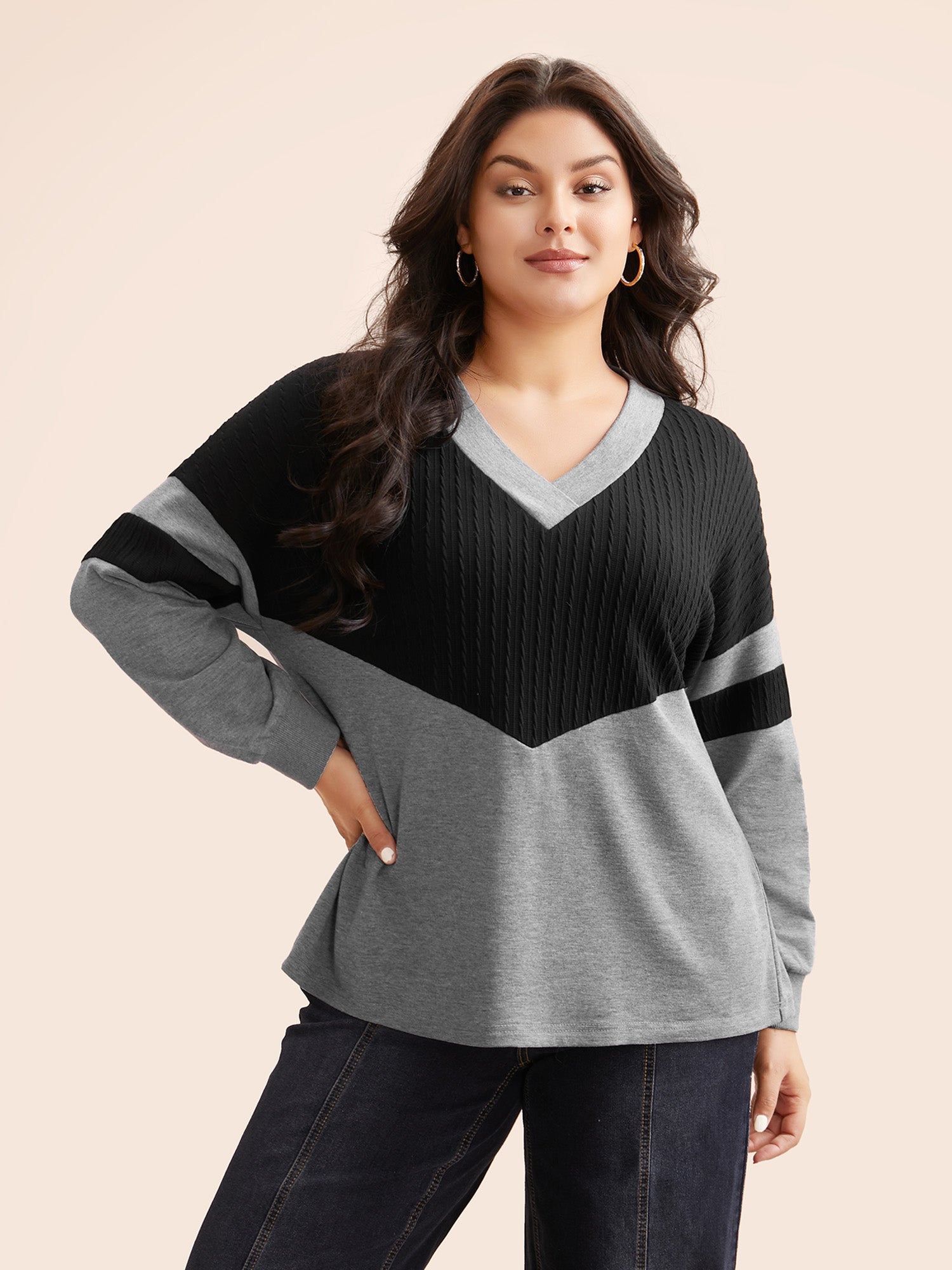 Texture Patchwork Contrast V Neck Sweatshirt