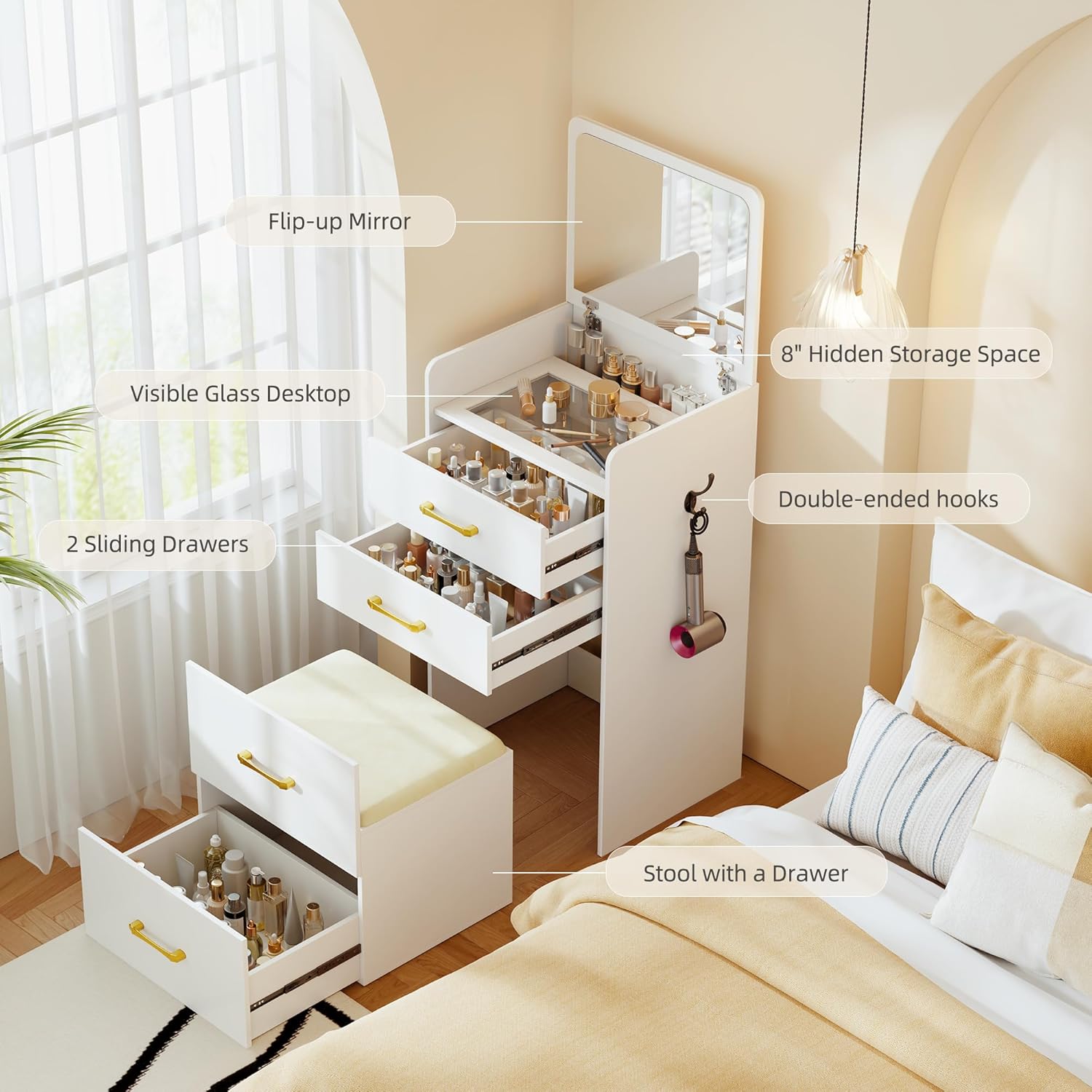 3 in 1 Vanity Desk with Flip Top Mirror for Bedroom