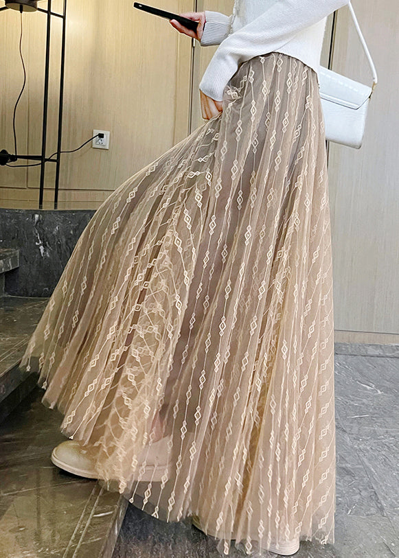 Khaki Embroidered High Waist Tulle Skirts Summer