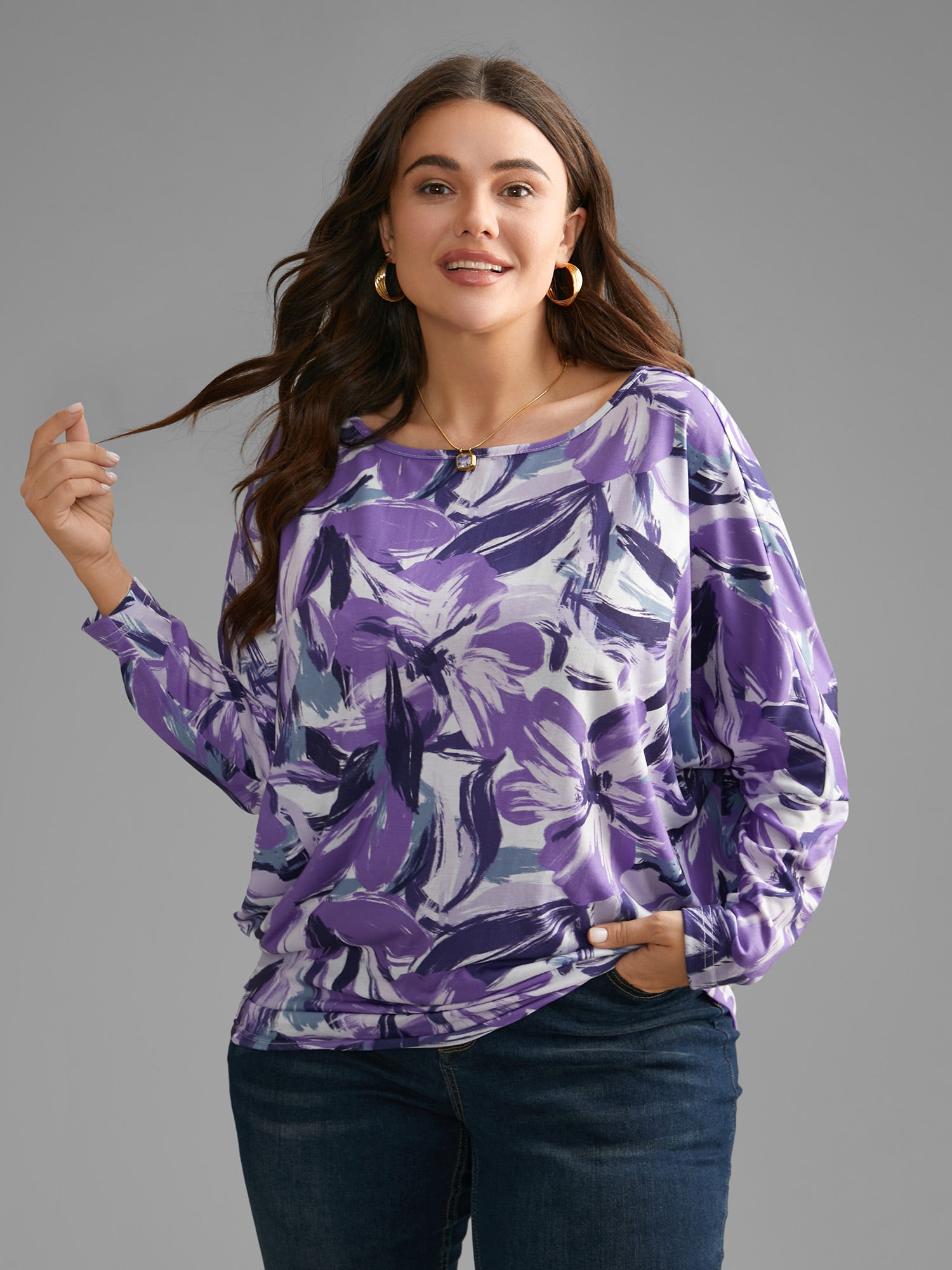 Watercolor Floral Boat Neck Batwing Sleeve Top