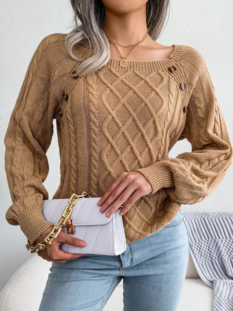 Women's Stylish Round Neck Texture Button Lantern Sleeve Sweater