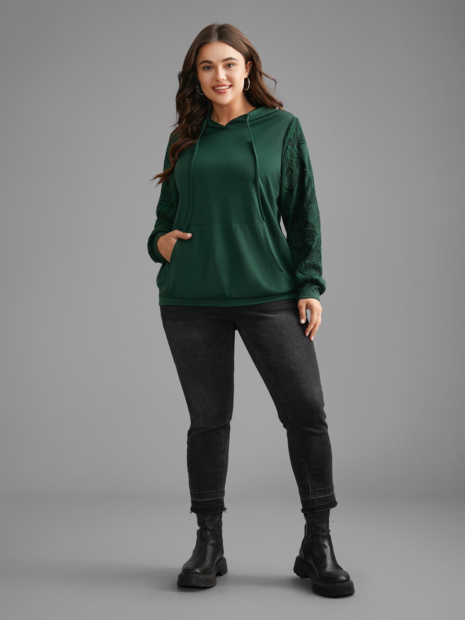 Lace Patchwork Pocket Hooded Drawstring Sweatshirt