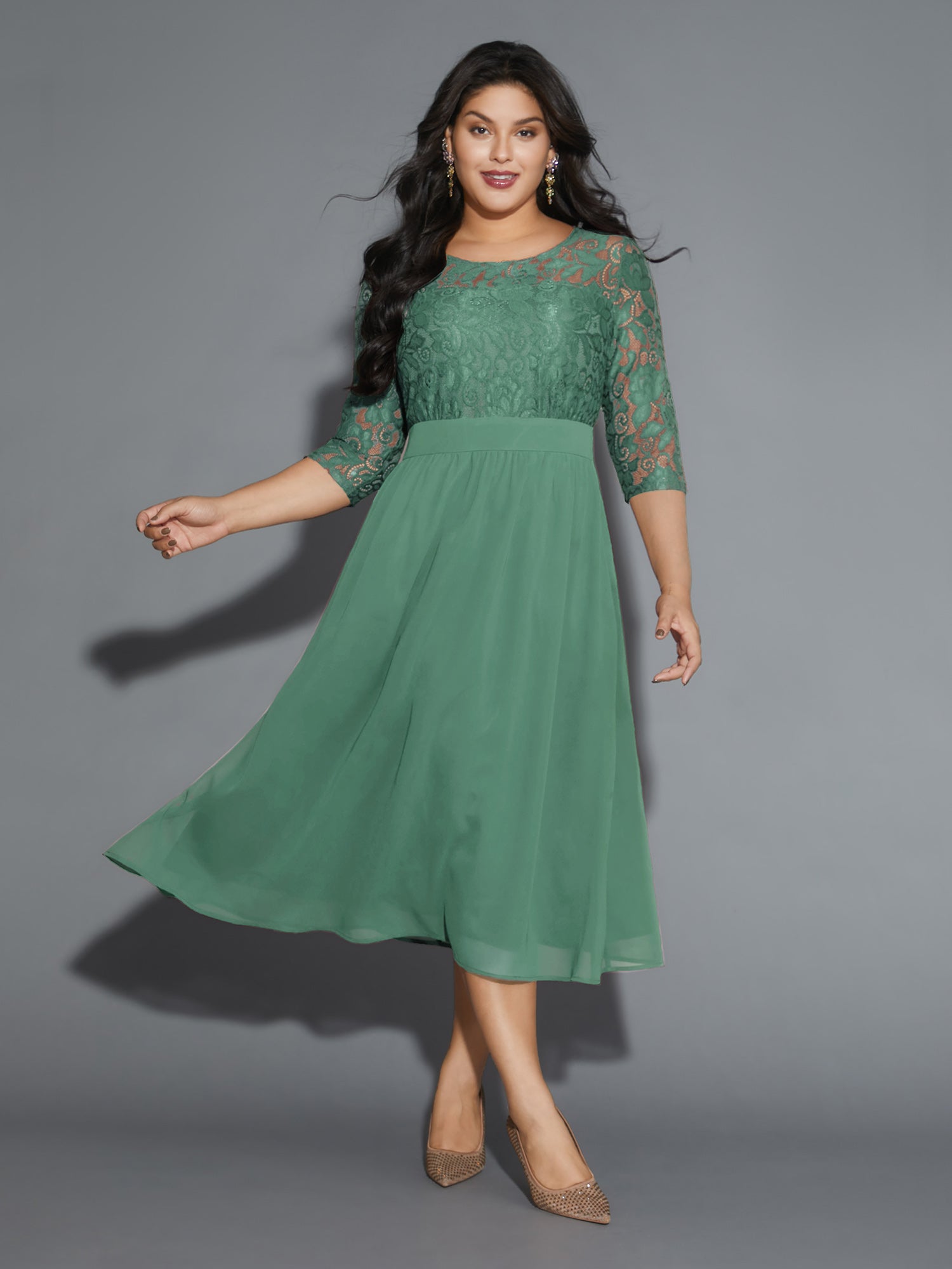 Lace Patchwork Shirred Midi Pocket Dress