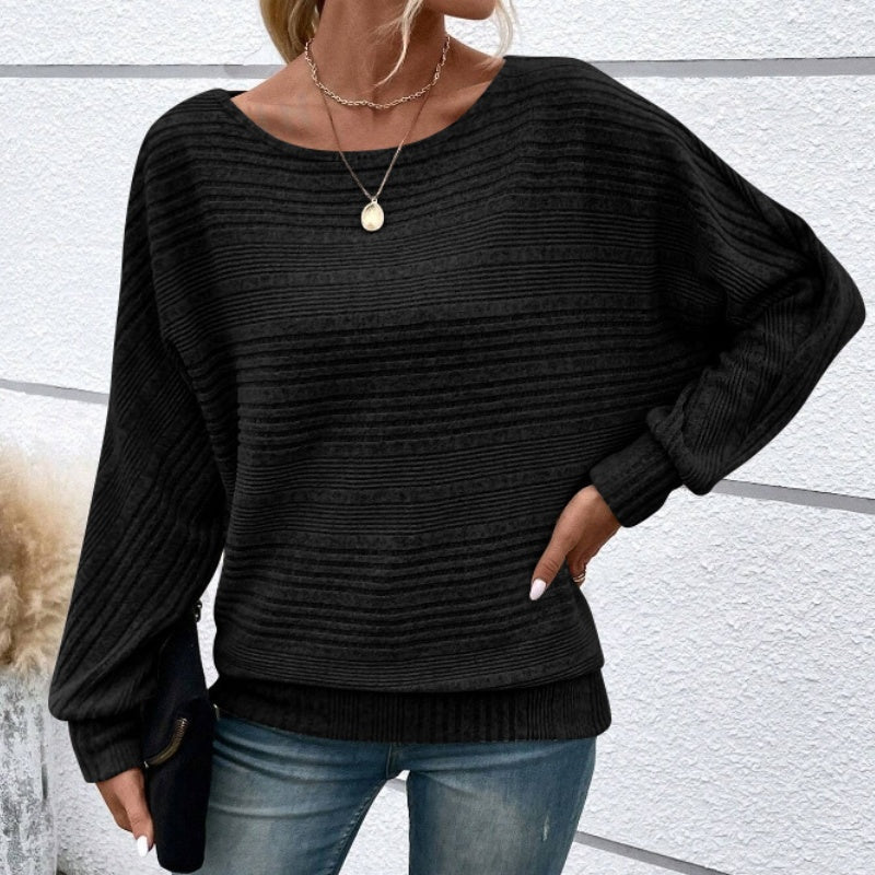 💜Solid Round-Neck Striped Top with Long Sleeves