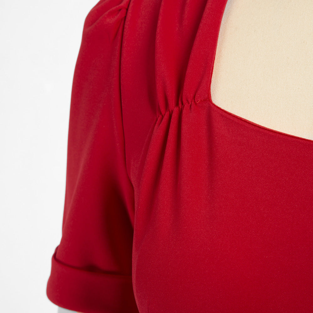 Vintage Square Neck Dress Short Sleeve Defined Waist A-Line Dress