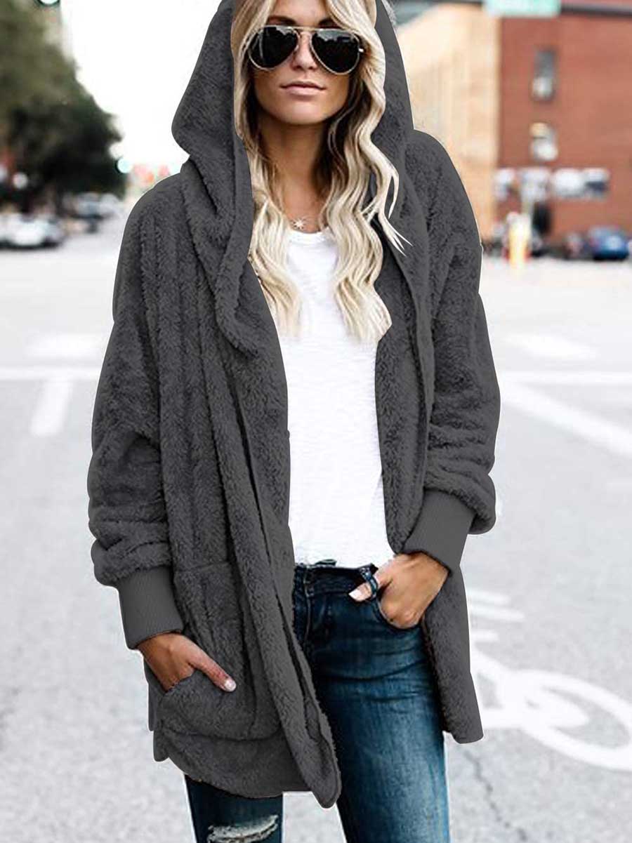 Solid Color Fleece Hooded Jacket