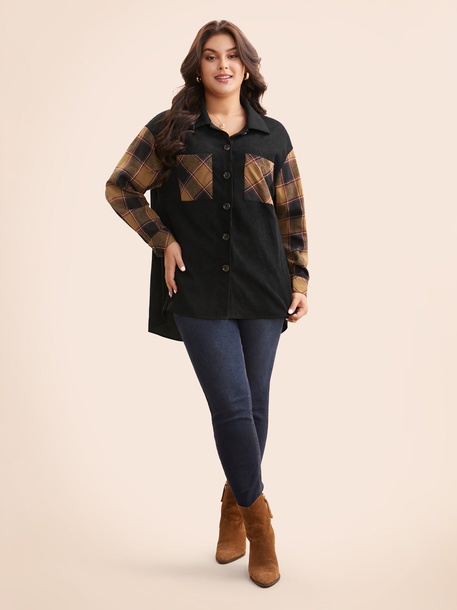 Plaid Patchwork Patched Pocket Jacket