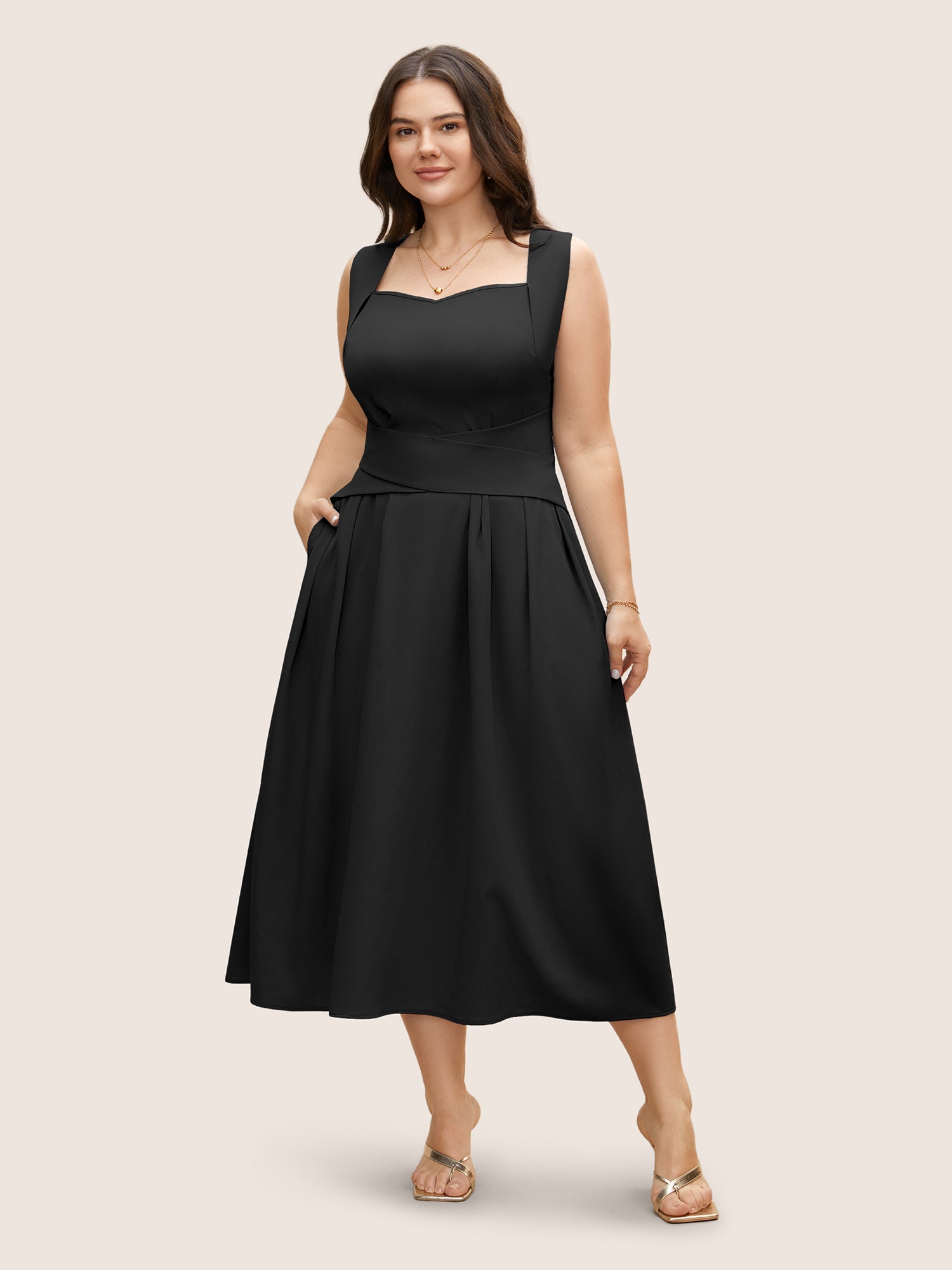 Heart Neckline Crossover Shirred Midi Dress