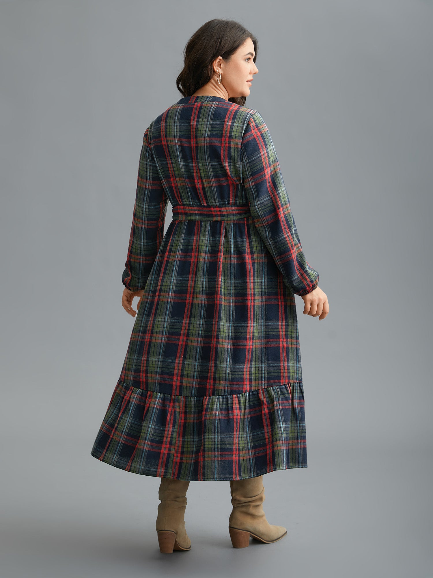 Festive Notched Collar Plaid Dress