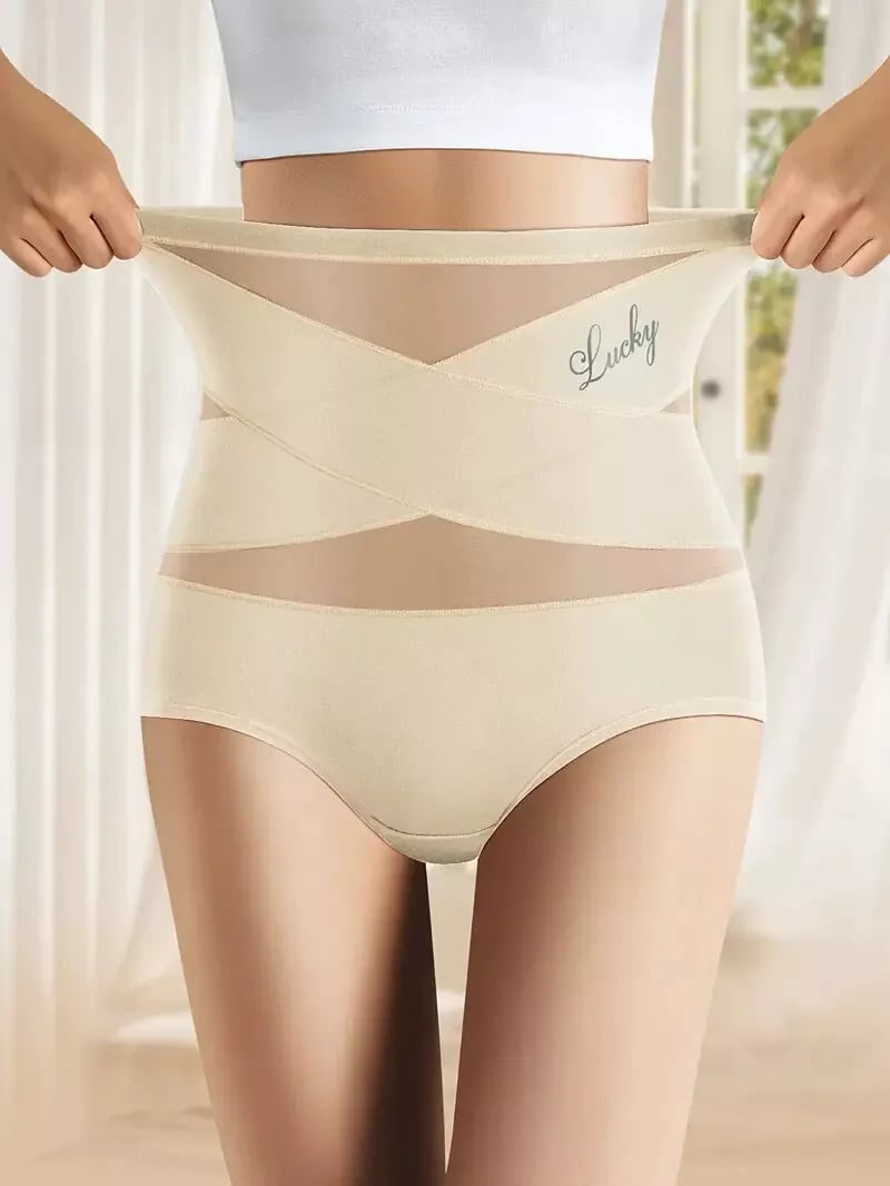 Women's Letter Print Contrast Mesh Criss Cross High Waist Briefs