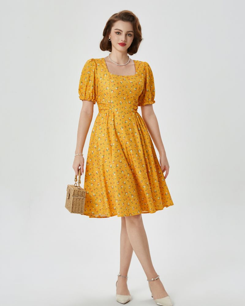 Vintage Floral Patterns Cottagecore Cocktail Dresses Square Neck Puff Sleeve Dress with Pockets
