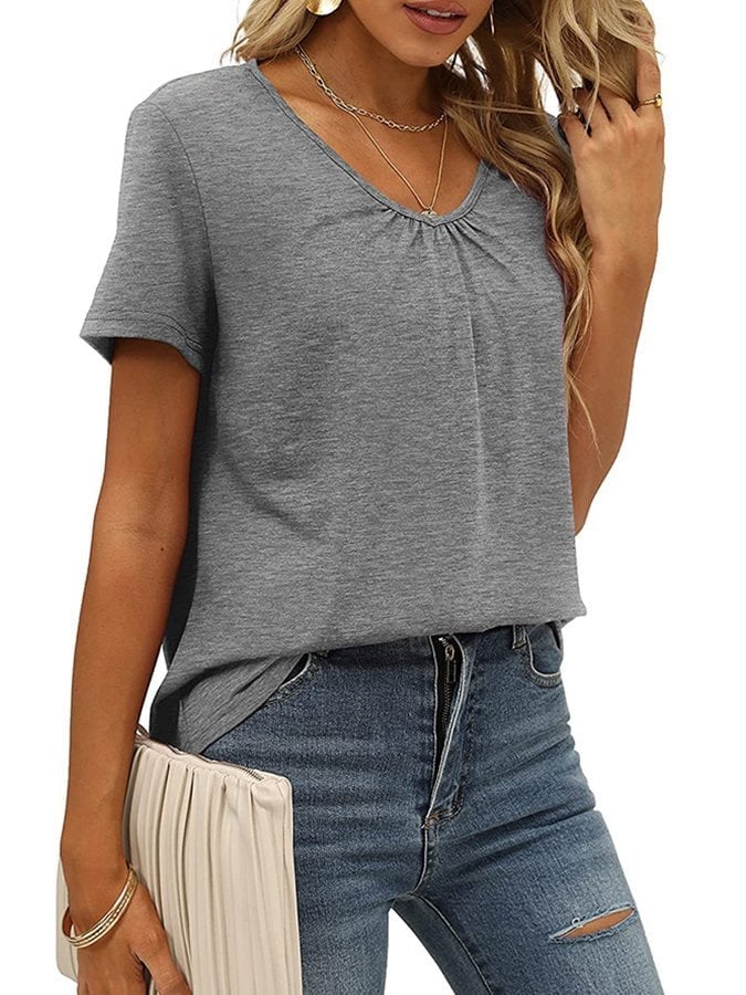 Women's V-Neck Gathered Loose Short Sleeve T-Shirt