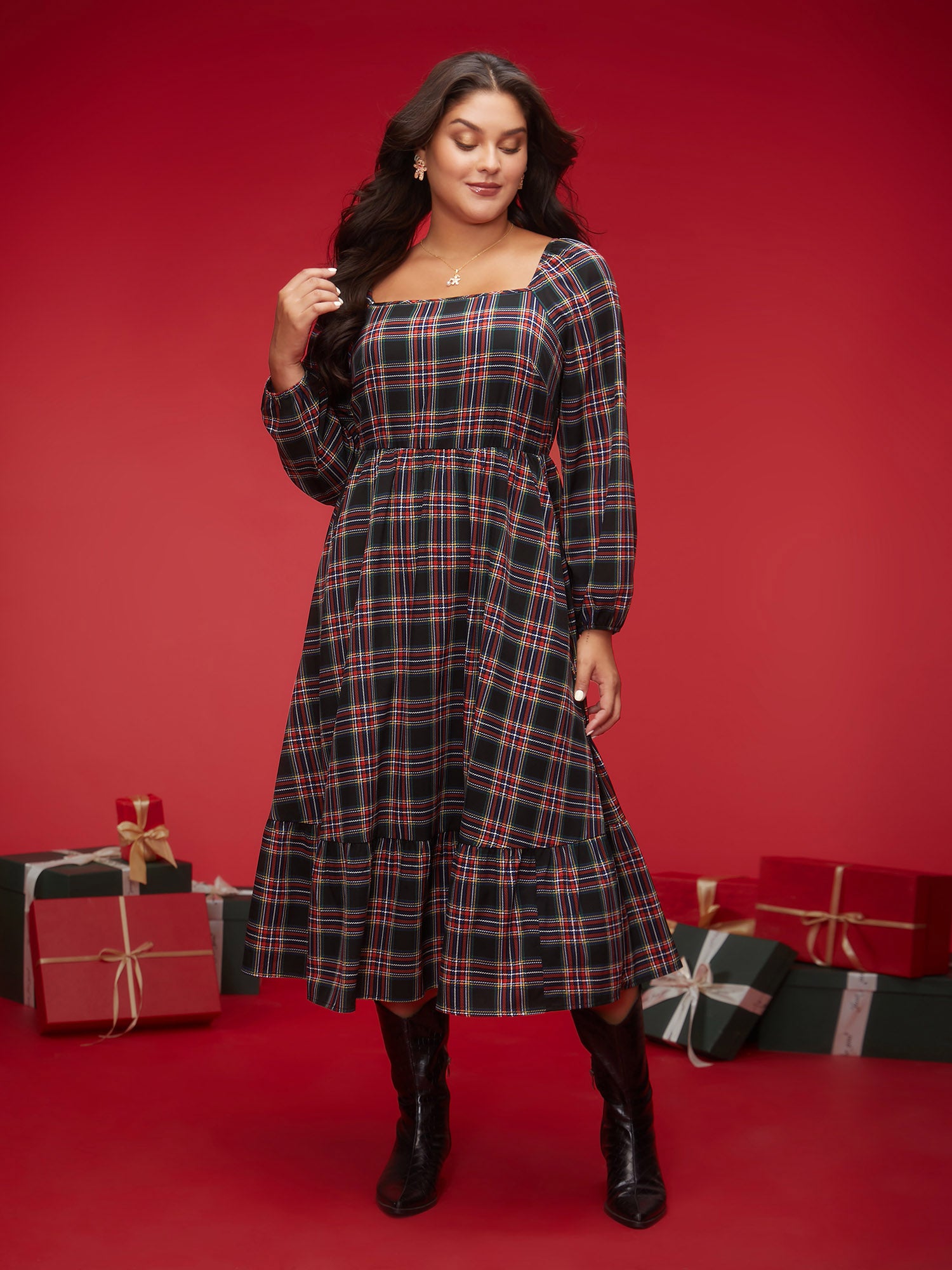 Plaid Square Neckline Puffy Sleeve Midi Dress