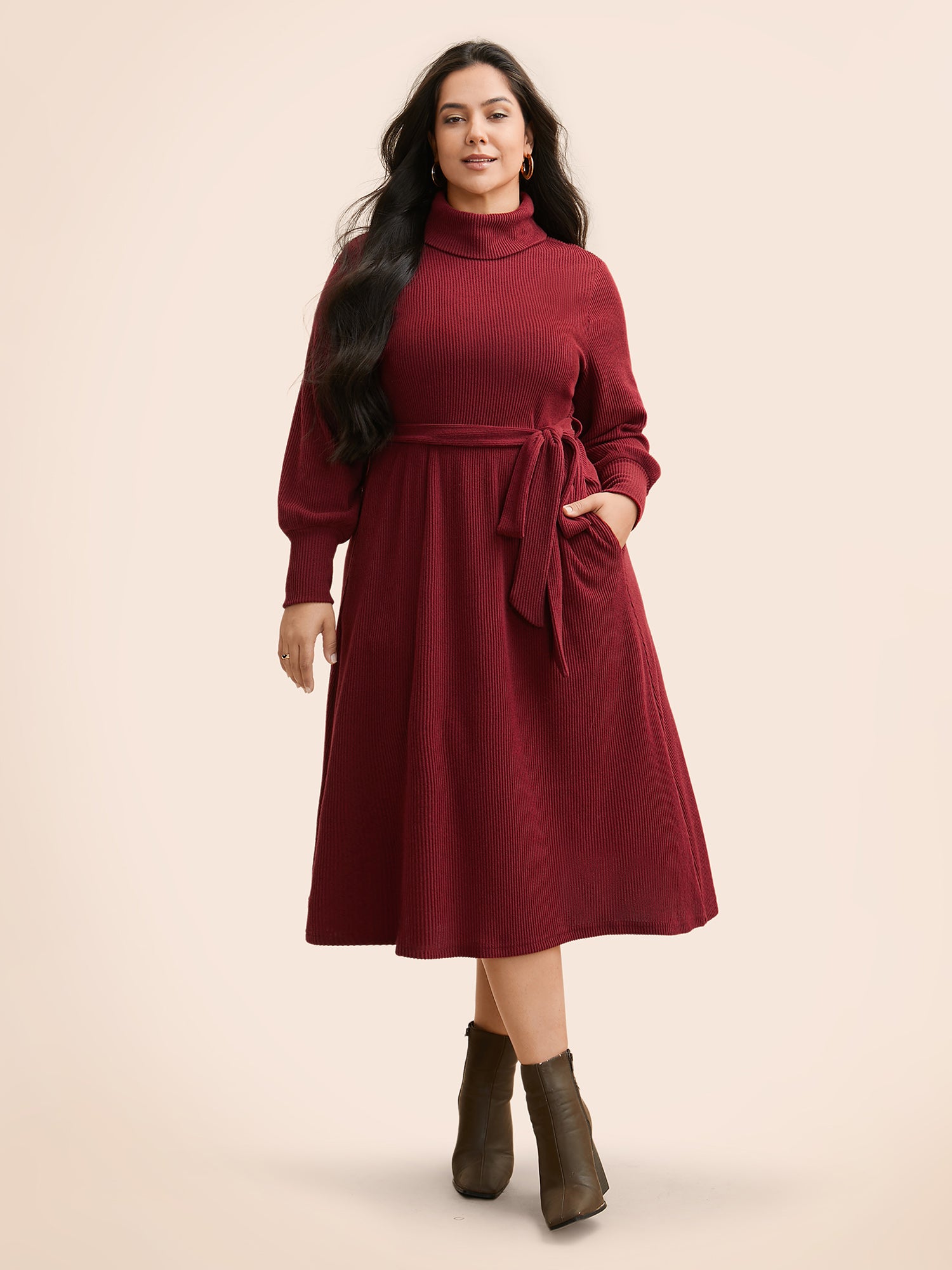 Turtleneck Belted High Stretch Knit Dress