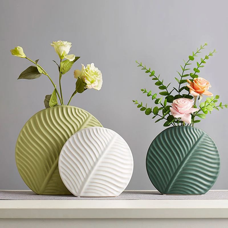 Ceramic Leaf Vase Living Room Decorations Flower Arrangement Vase Desktop Creativity Green Leaves Floral Ornaments