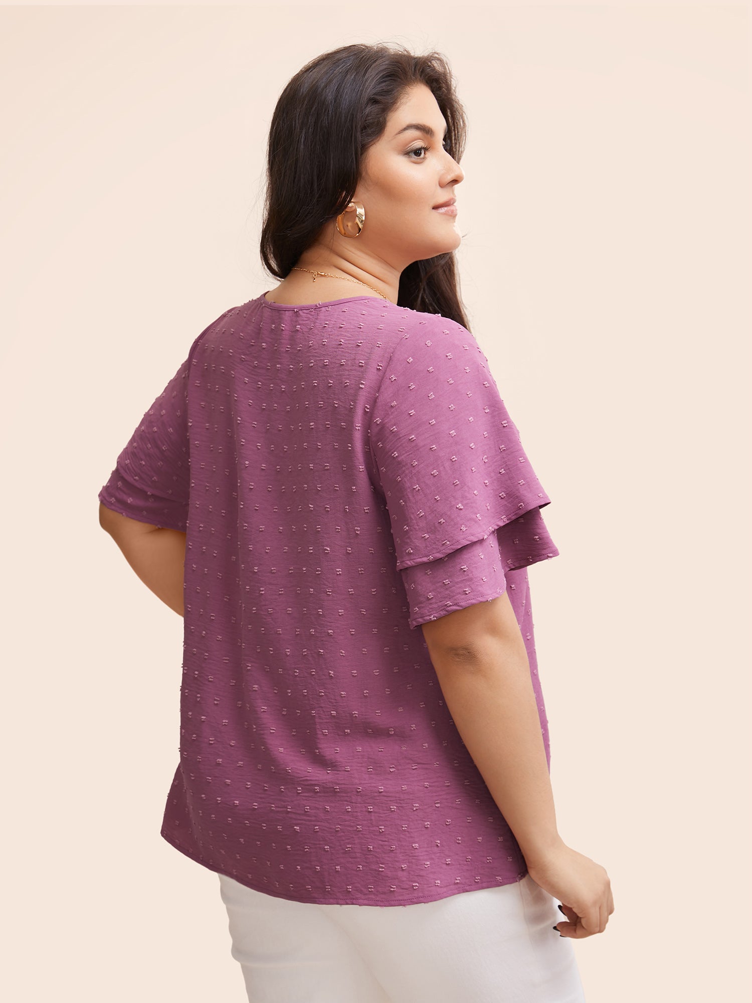 Plain Ruffle Tiered Sleeve V Neck Polka Dot Blouse