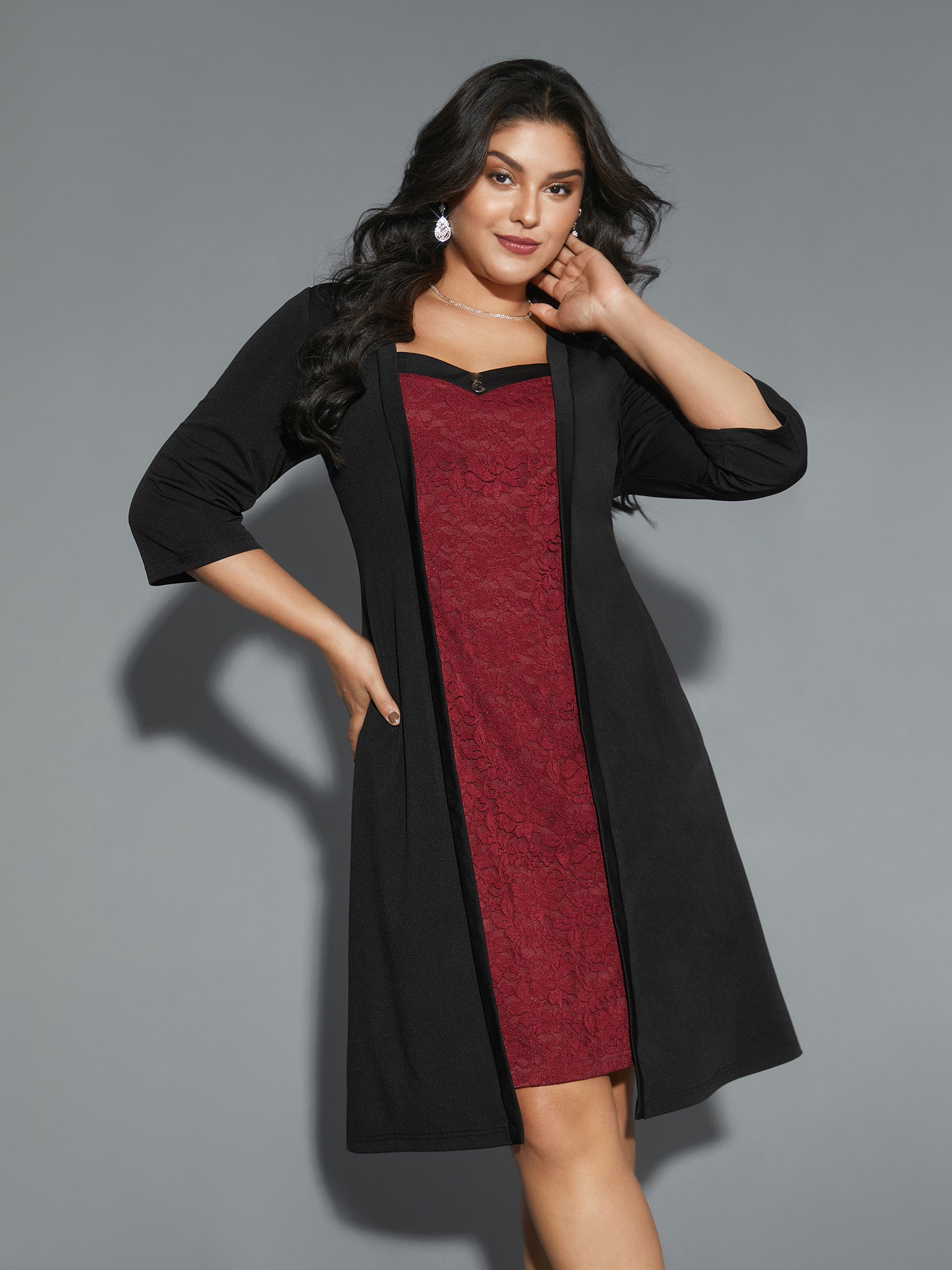 Lace Heart Neckline Pocket Midi Dress