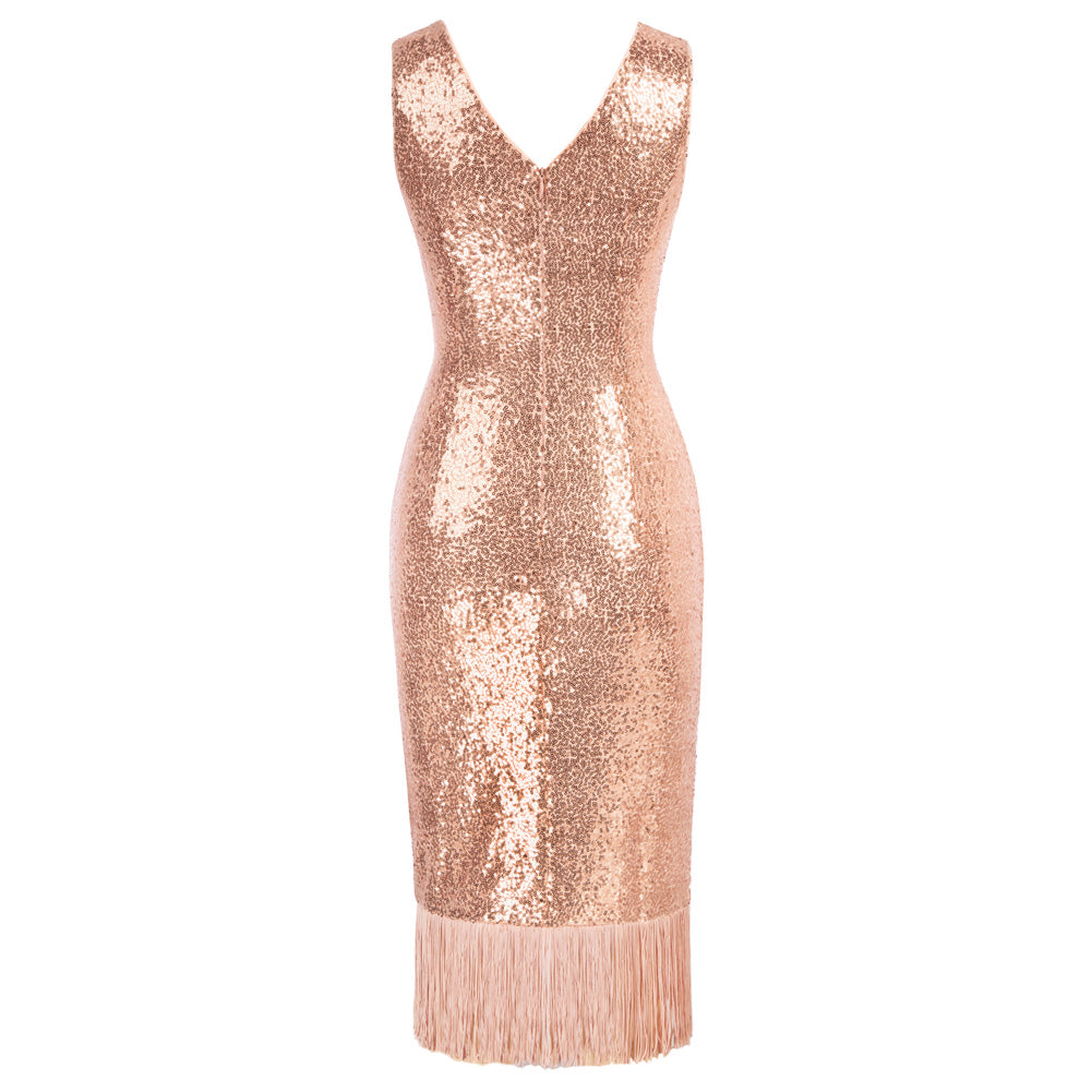 Vintage Sequined Sleeveless V-Neck Tassel Decorated Wrap Hem Party Dress