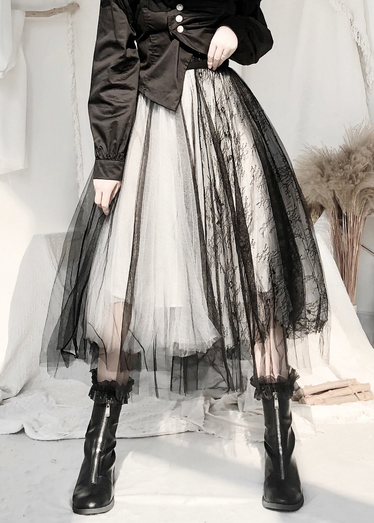 Black Elastic Waist Lace Patchwork Tulle Skirt Fall