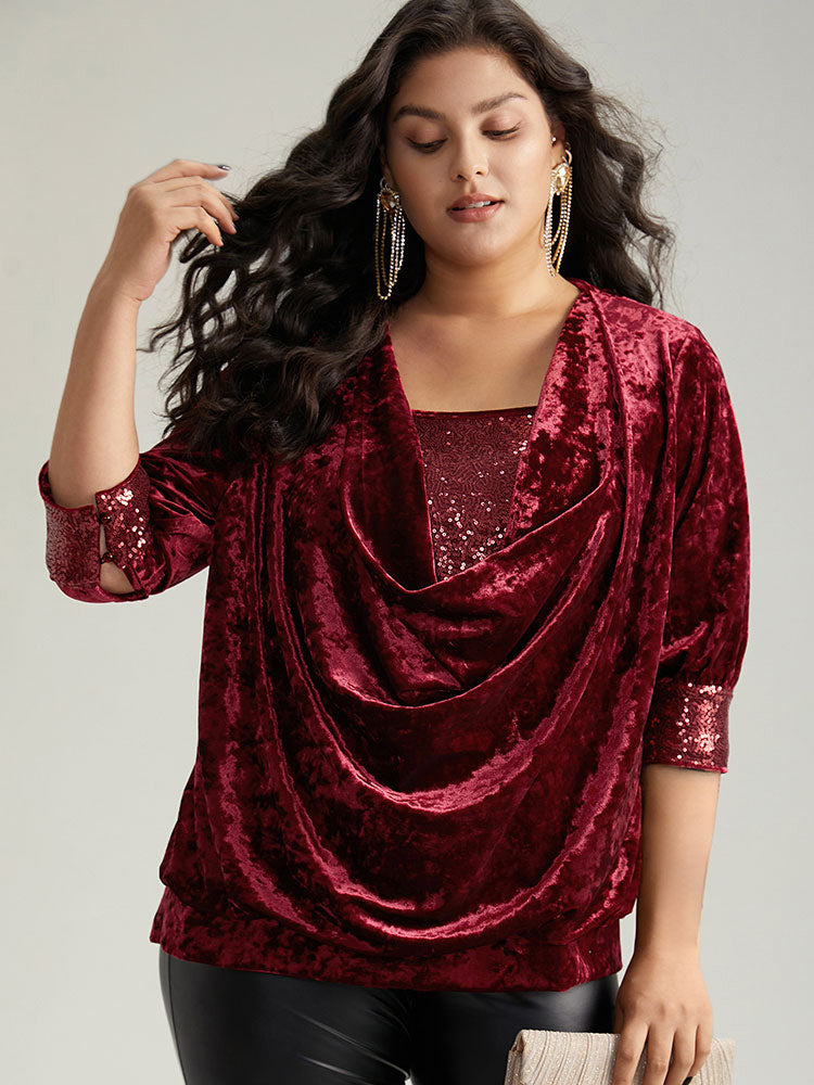 Cowl Neck 2-In-1 Sequin Patchwork Blouse