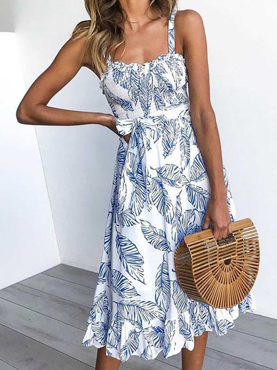Sleeveless Leaf Print Spaghetti Strap Casual Wear Dress
