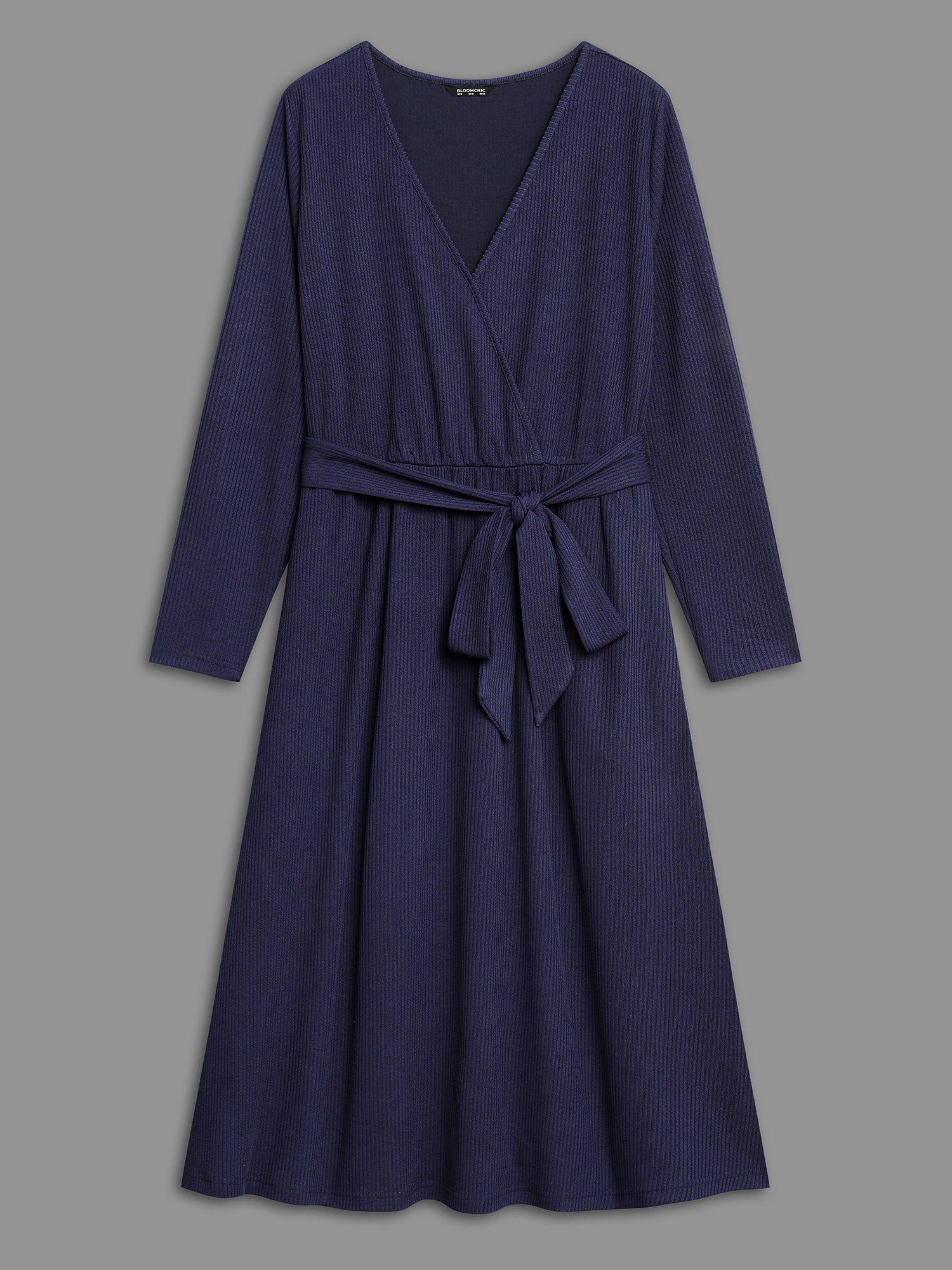 Solid Overlap Collar Belted Knit Dress