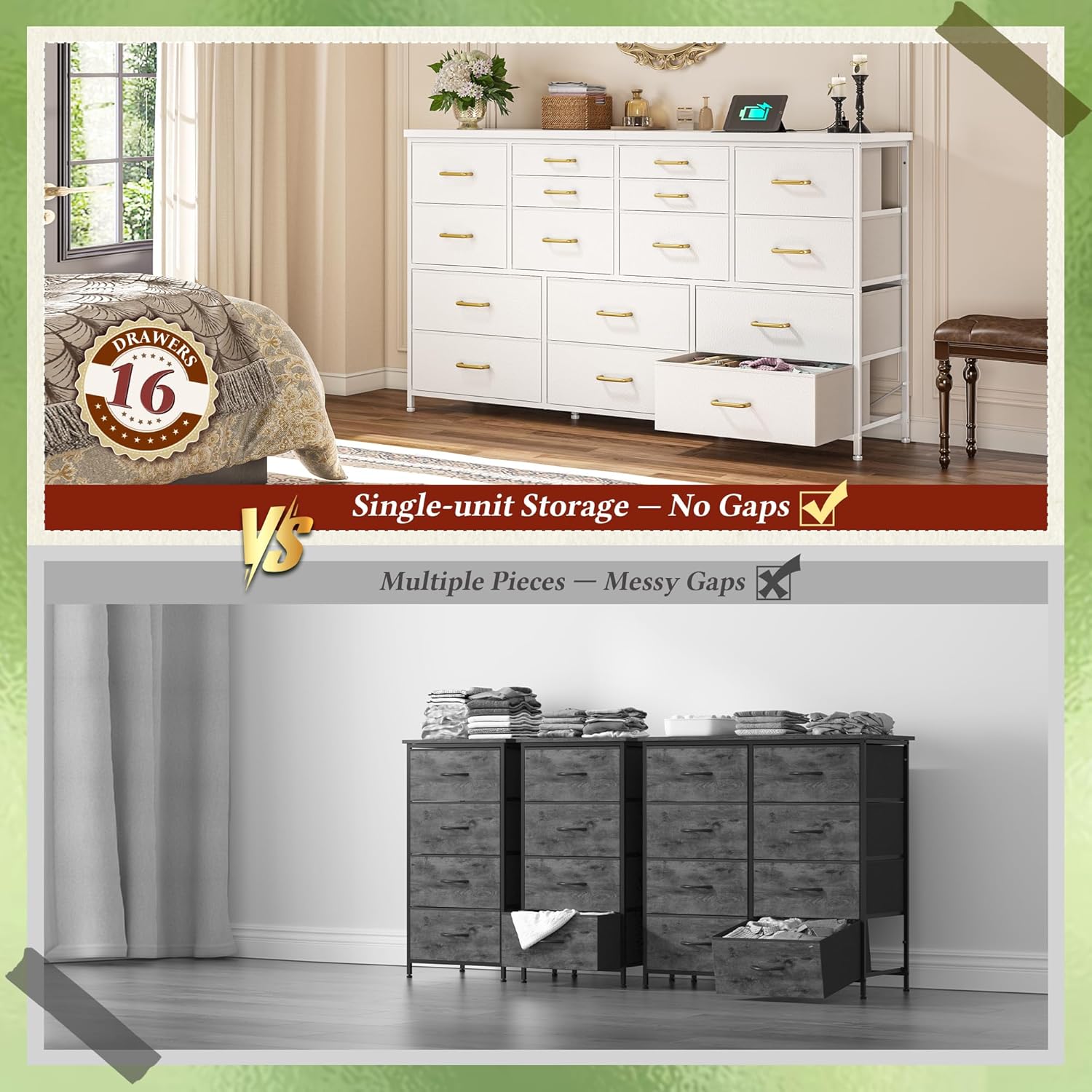 Dresser for Bedroom with 16 Fabric Drawers Long Dresser with Charging Station TV Stand for 60