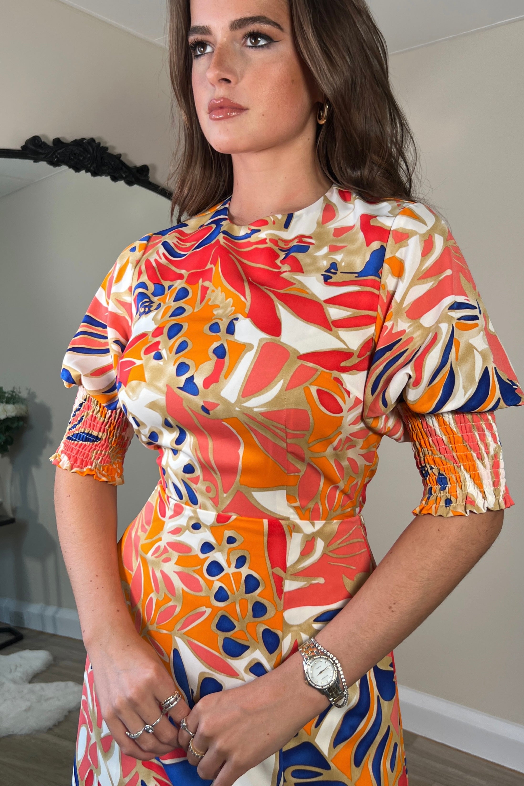 Shayla Orange Shirred Cuff Midi Dress