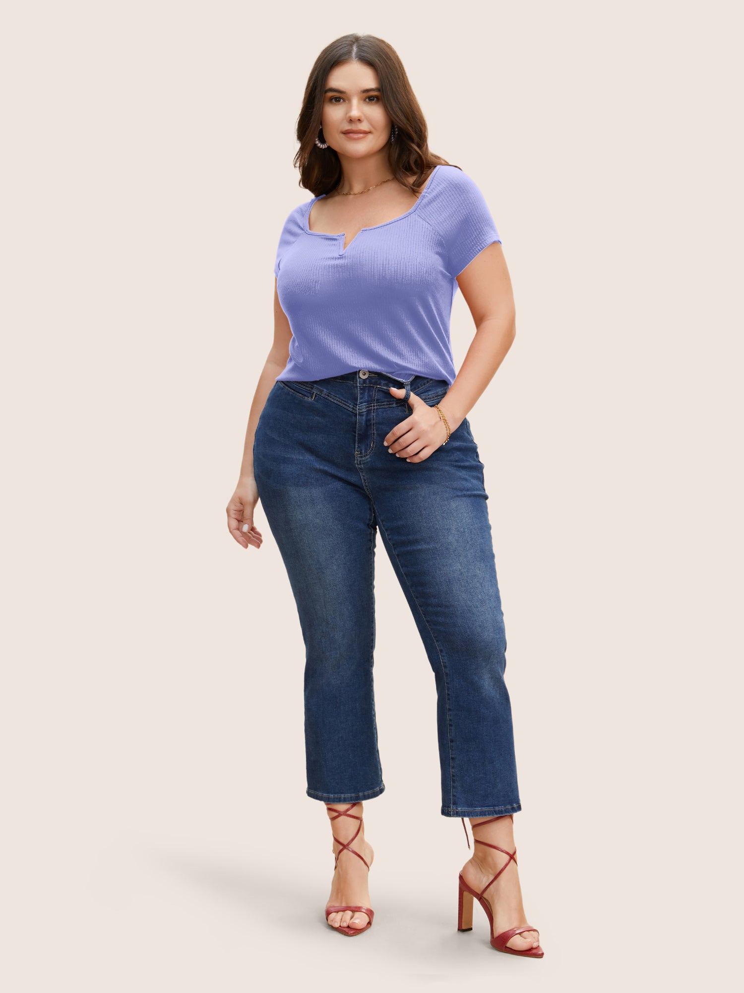 Solid Notched Collar Pit Strip T-shirt